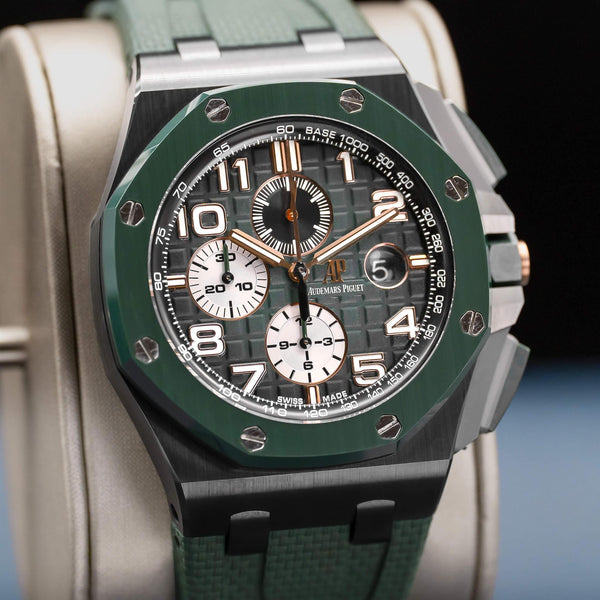 Close-up angled view of Audemars Piguet Royal Oak Offshore Chronograph 26405CE