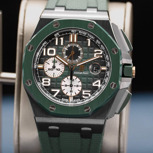 Slight angled view showing crown on Audemars Piguet Royal Oak Offshore Chronograph 26405CE