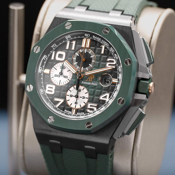 Angled opposing view with reflection of Audemars Piguet Royal Oak Offshore Chronograph 26405CE