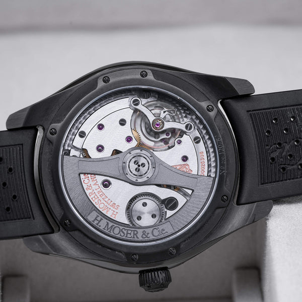 Caseback of H. Moser & Cie Pioneer Centre Seconds 3200-1205 Funky Blue Fume Dial showing movement