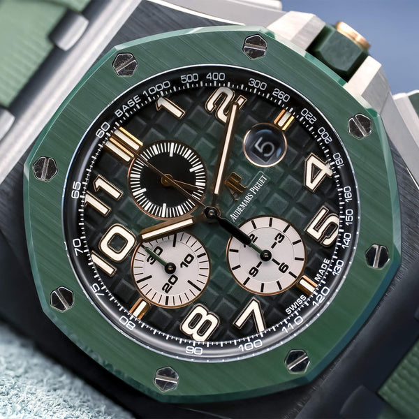 Angled macro view of Audemars Piguet Royal Oak Offshore Chronograph 26405CE