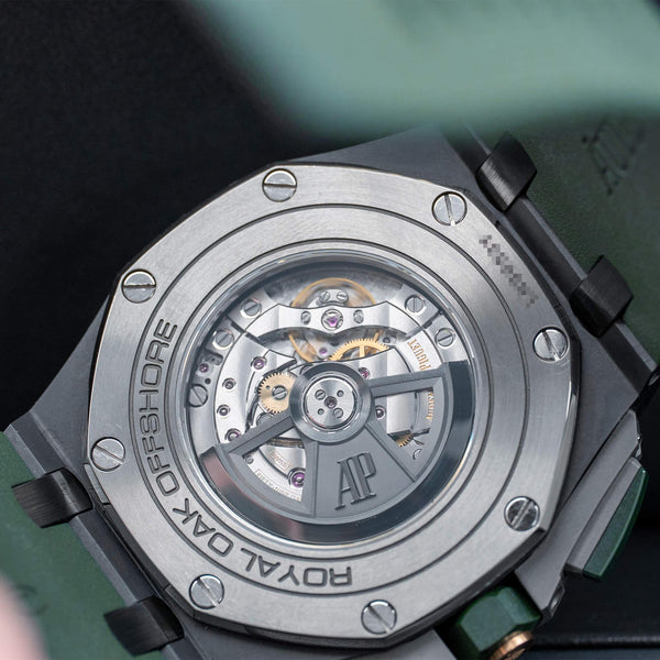 Caseback of Audemars Piguet Royal Oak Offshore Chronograph 26405CE showing movement