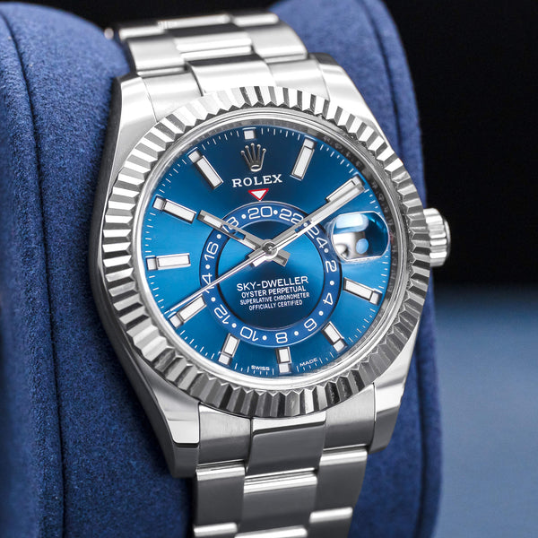 Close-up angled view of Rolex Sky Dweller 326934 Blue Dial