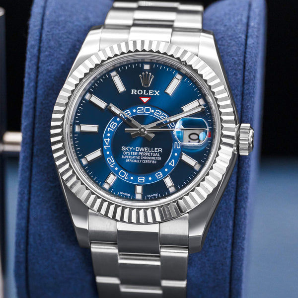 Slight angled view showing crown on Rolex Sky Dweller 326934 Blue Dial