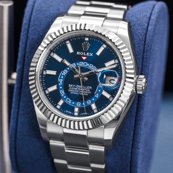 Close-up opposing view of Rolex Sky Dweller 326934 Blue Dial