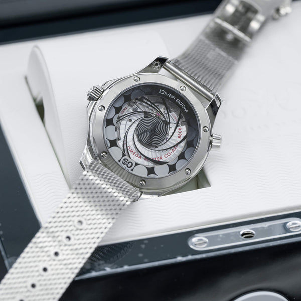 Caseback of Omega Seamaster Diver 300M James Bond 60th Anniversary showing movement