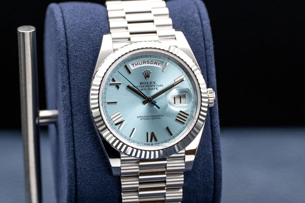 Slight angled view of Rolex Day Date 228236 Platinum Blue Dial
