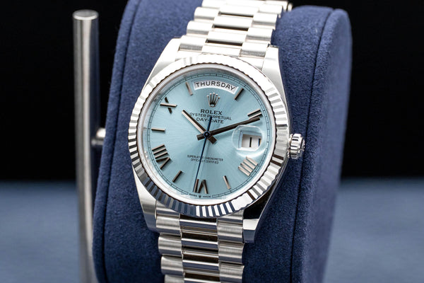 Angled opposing view with reflection of
Rolex Day Date 228236 Platinum Blue Dial