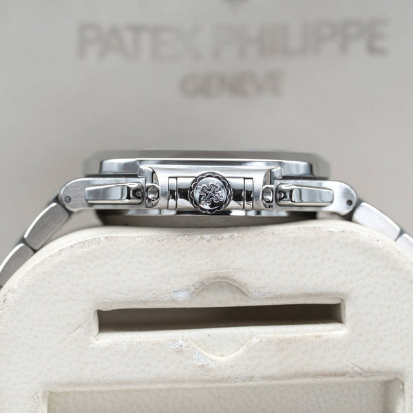 Opposite side view of Patek Philippe Nautilus 5980/1A-001 Blue Dial case