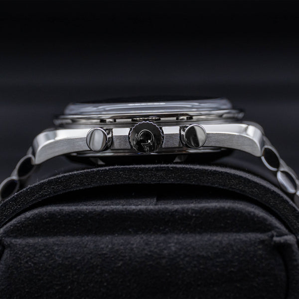Opposite side view of Omega Speedmaster Professional Moonwatch “Sapphire Sandwich” case