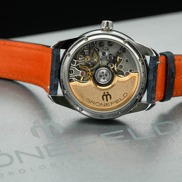 Caseback of Grönefeld 1941 Principia Salmon Dial showing movement