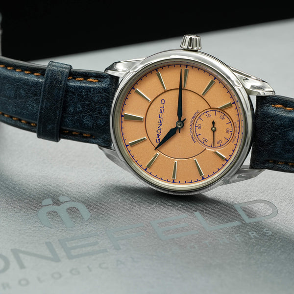 Angled macro view of Grönefeld 1941 Principia Salmon Dial