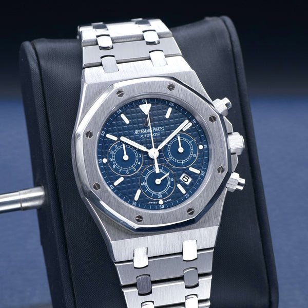 Close-up angled view of Audemars Piguet Royal Oak Chronograph "Kasparov" 25860ST Blue Dial