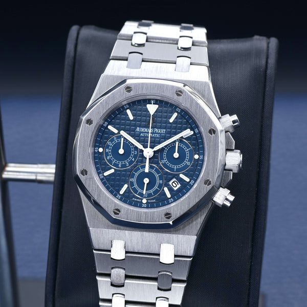 Slight angled view showing crown on Audemars Piguet Royal Oak Chronograph "Kasparov" 25860ST Blue Dial
