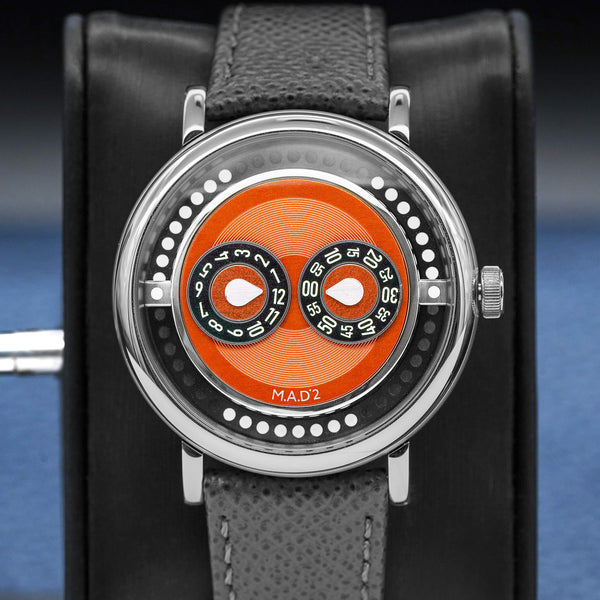 Slight angled view of MB&F M.A.D 2 Orange Dial