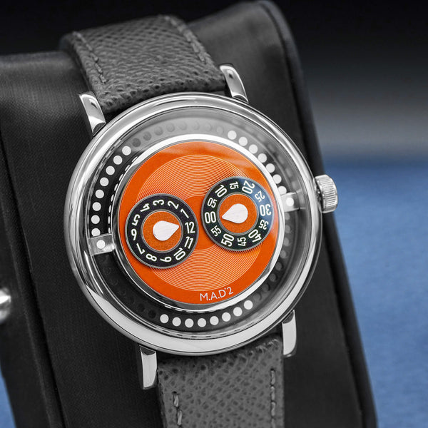 Closer view of MB&F M.A.D 2 Orange Dial