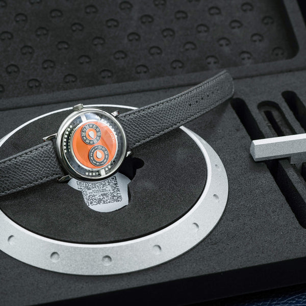 Further angled macro view of MB&F M.A.D 2 Orange Dial