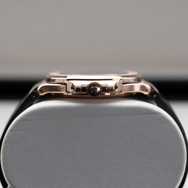 Opposite side view of Patek Philippe Nautilus 5712R Rose Gold Brown Dial case