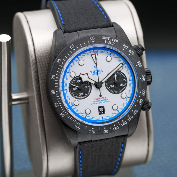 Close-up angled view of Tudor Black Bay “Carbon 25” M79377KN