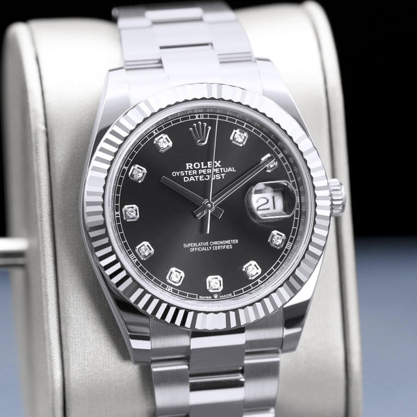 Close-up angled view of Rolex Datejust 126334 Black Diamond Dial