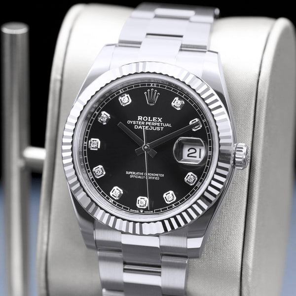 Close-up opposing view of Rolex Datejust 126334 Black Diamond Dial