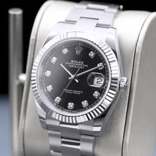 Angled opposing view with reflection of Rolex Datejust 126334 Black Diamond Dial