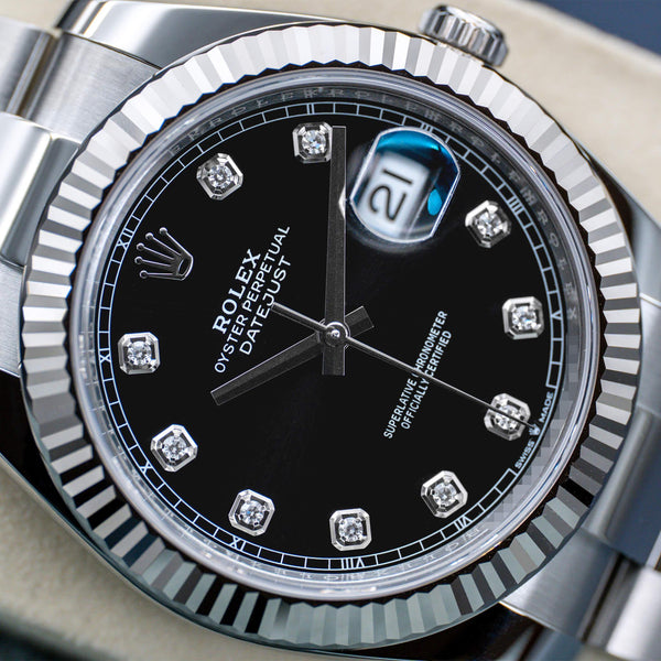 Angled macro view of Rolex Datejust 126334 Black Diamond Dial