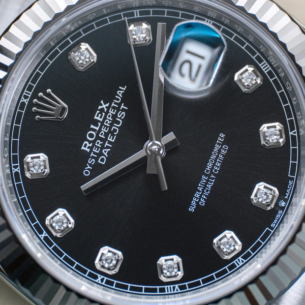 Closer angled macro view of Rolex Datejust 126334 Black Diamond Dial