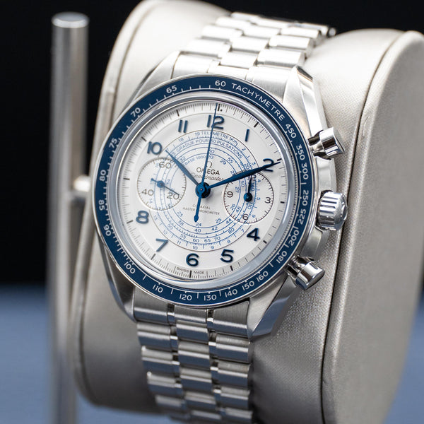Angled opposing view with reflection of Omega Speedmaster Chronoscope White Dial