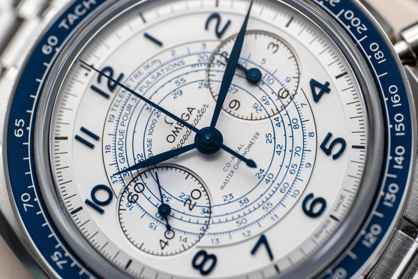 Closer angled macro view of Omega Speedmaster Chronoscope White Dial