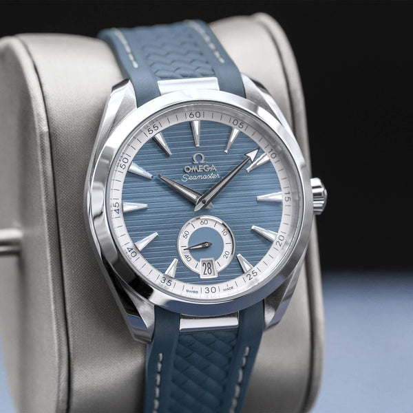 Close-up angled view of Omega Seamaster Aqua Terra Blue Dial