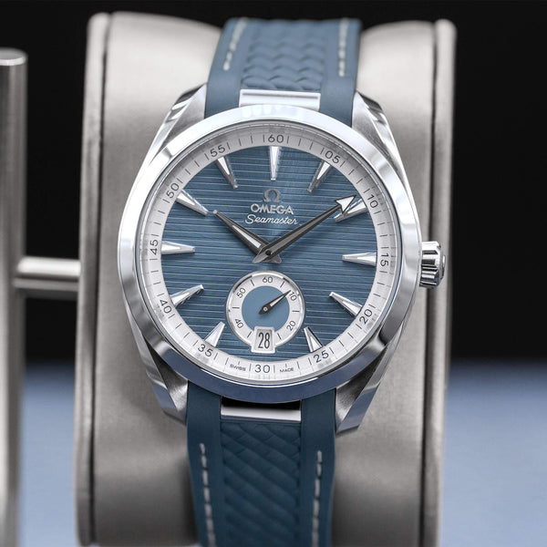 Close-up opposing view of Omega Seamaster Aqua Terra Blue Dial