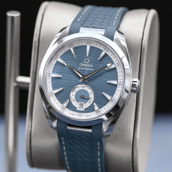 Slight angled view showing crown on Omega Seamaster Aqua Terra Blue Dial