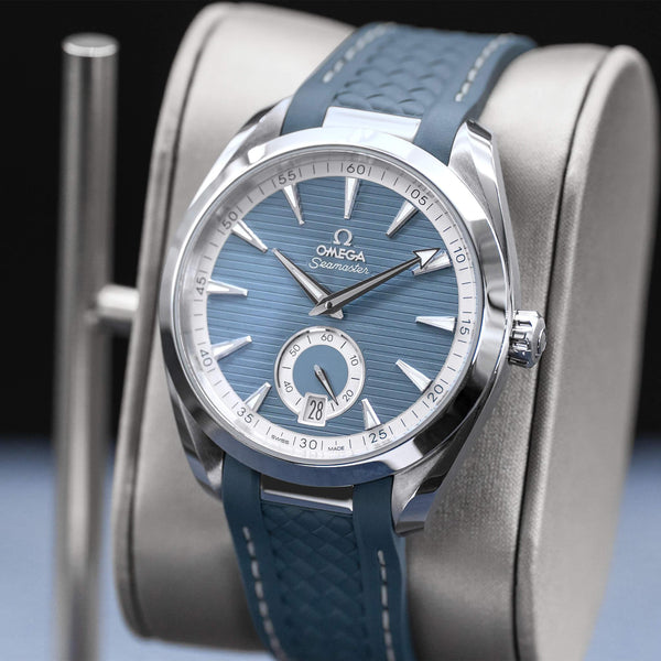 Angled opposing view with reflection of Omega Seamaster Aqua Terra Blue Dial