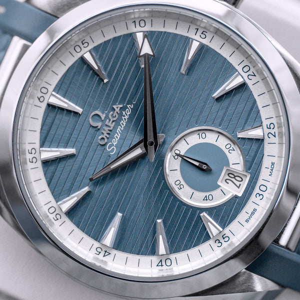 Angled macro view of Omega Seamaster Aqua Terra Blue Dial