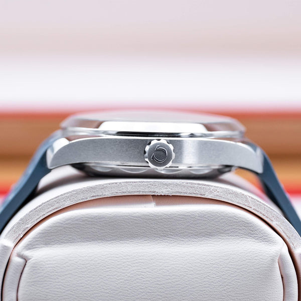 Opposite side view of Omega Seamaster Aqua Terra Blue Dial
