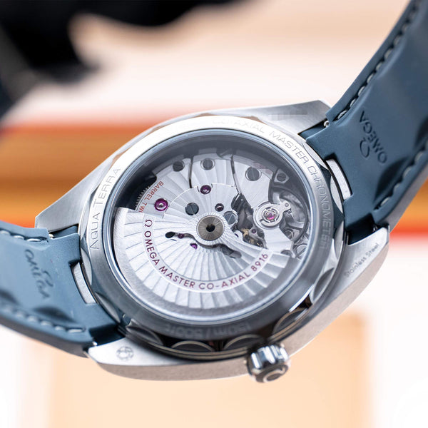 Caseback of Omega Seamaster Aqua Terra Blue Dial showing movement