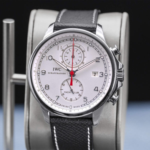 Slight angled view showing crown on IWC Portugieser Yacht Club Chronograph IW390211