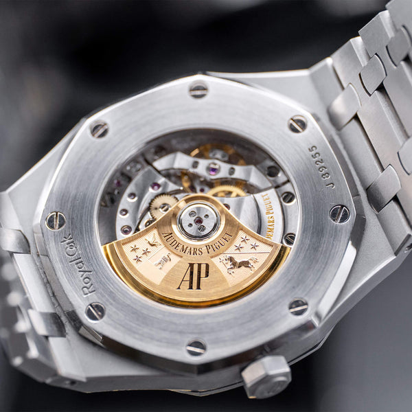 Caseback of Audemars Piguet Royal Oak 15400ST White Dial showing movement