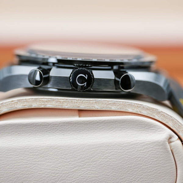 Opposite side view of Omega Speedmaster Dark Side Of The Moon case