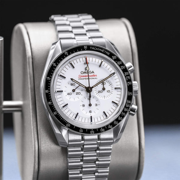 Close-up angled view of Omega Speedmaster Professional Moonwatch "Sapphire Sandwich" 2026