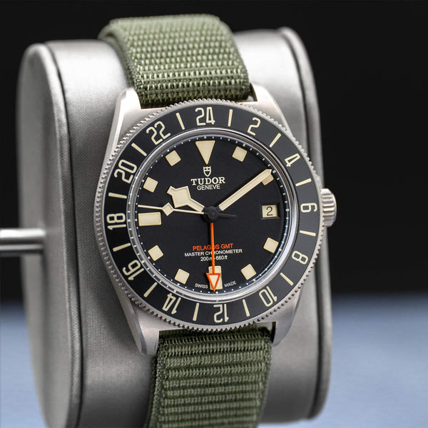 Close-up angled view of Tudor Pelagos FXD GMT M2542G267NU