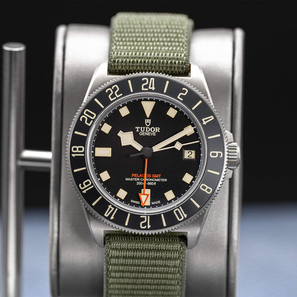 Slight angled view showing crown on Tudor Pelagos FXD GMT M2542G267NU
