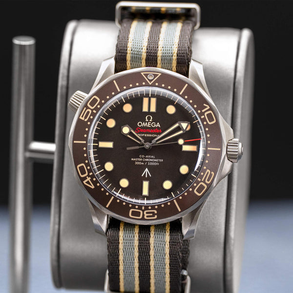 Close-up opposing view of Omega Seamaster Diver 300M No Time To Die 007 Edition