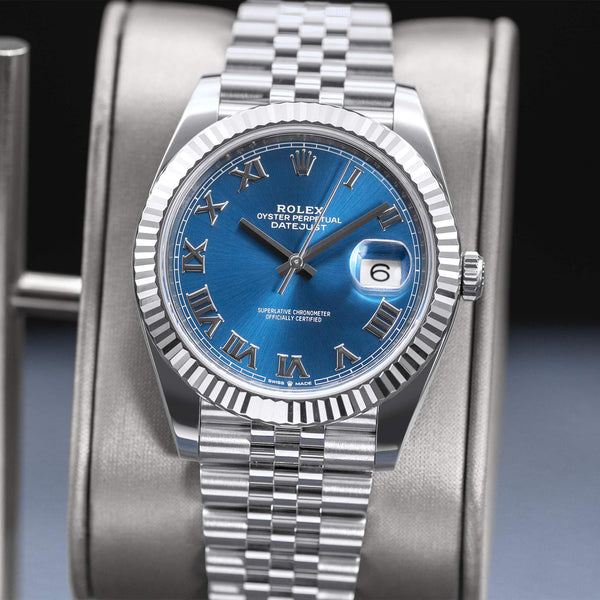Slight angled view showing crown on Rolex Datejust 126334 Blue Azurro Dial