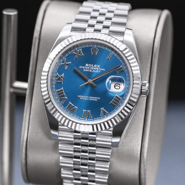 Close-up opposing view of Rolex Datejust 126334 Blue Azurro Dial