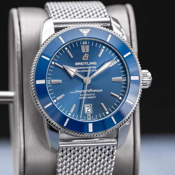 Slight angled view of Breitling Superocean Héritage II “Gun Blue” Dial