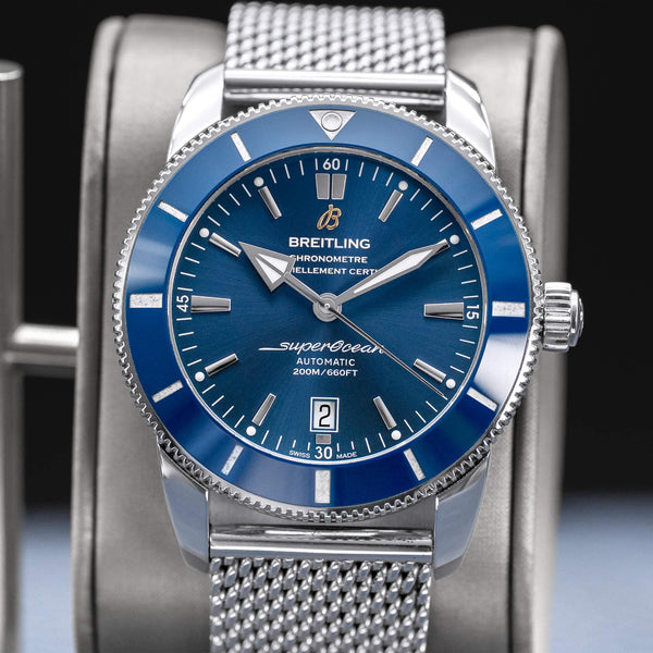 Slight angled view showing crown on Breitling Superocean Héritage II “Gun Blue” Dial