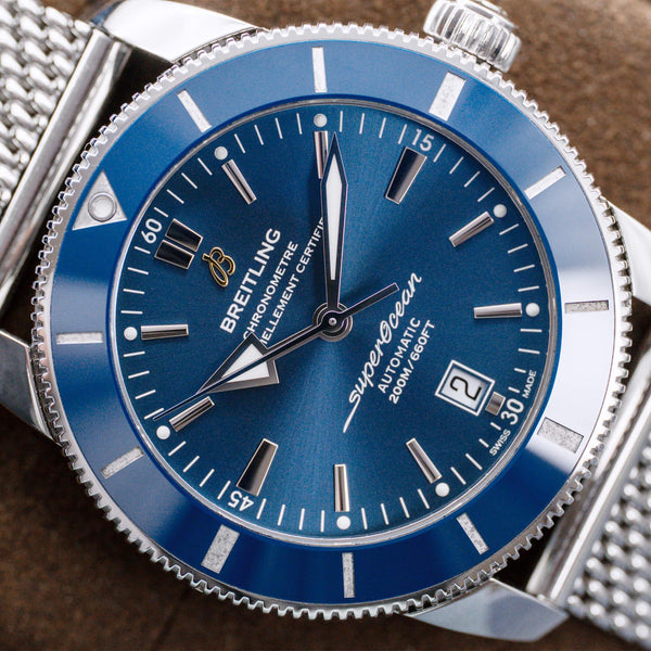 Angled macro view of Breitling Superocean Héritage II “Gun Blue” Dial
