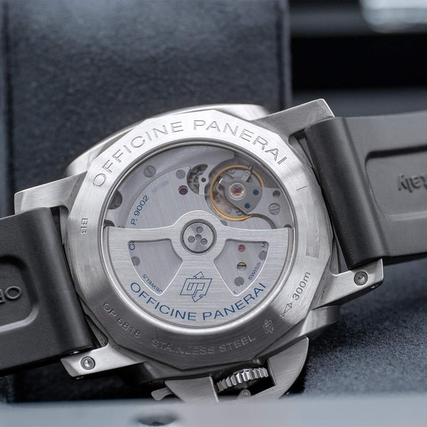 Caseback of Panerai Luminor Marina PAM00321 Black Dial showing movement